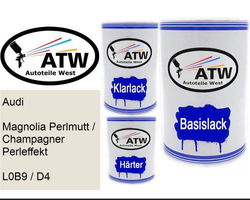 Audi, Magnolia Perlmutt / Champagner Perleffekt, L0B9 / D4: 500ml Lackdose + 500ml Klarlack + 250ml Härter - Set, von ATW Autoteile West.